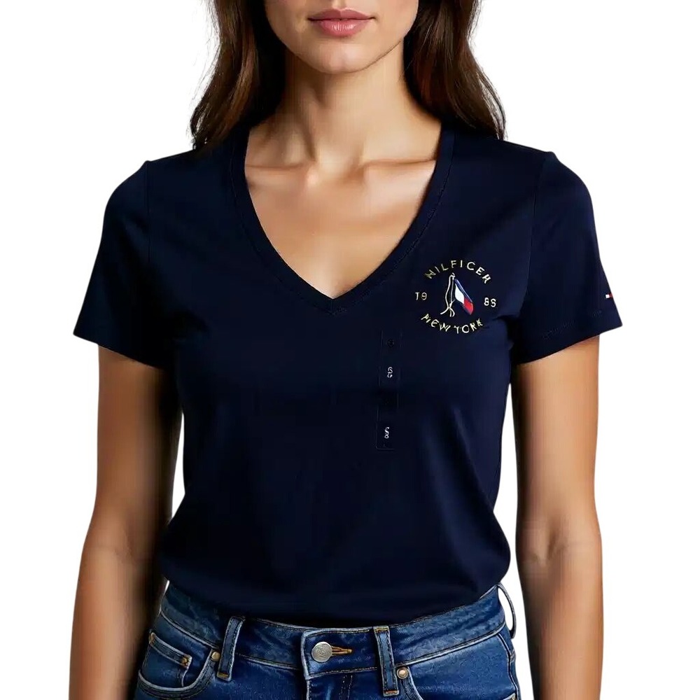 Tommy Hilfiger Womens Navy Blue V-Neck T-Shirt Logo Crest Short Sleeve Sm NWT N‎